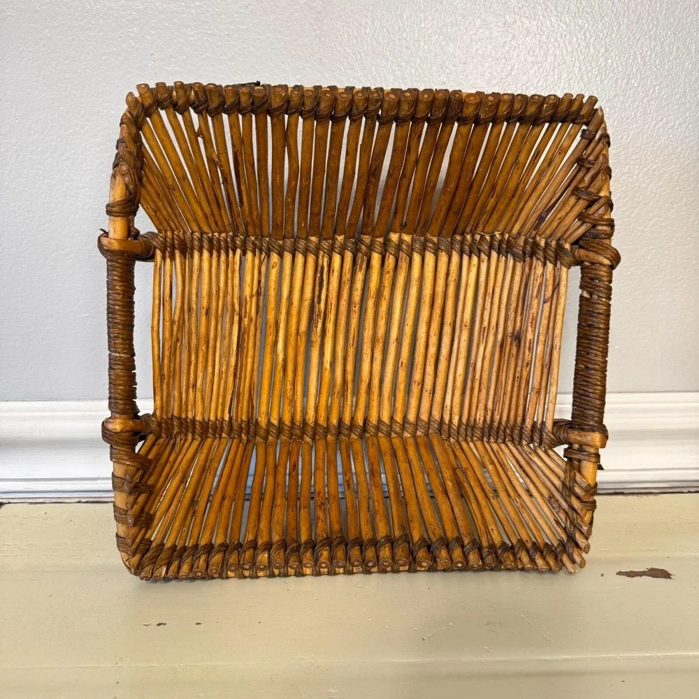 Vintage Pencil Reed Bamboo Square Basket Handles Two Tone MCM Approximately 9